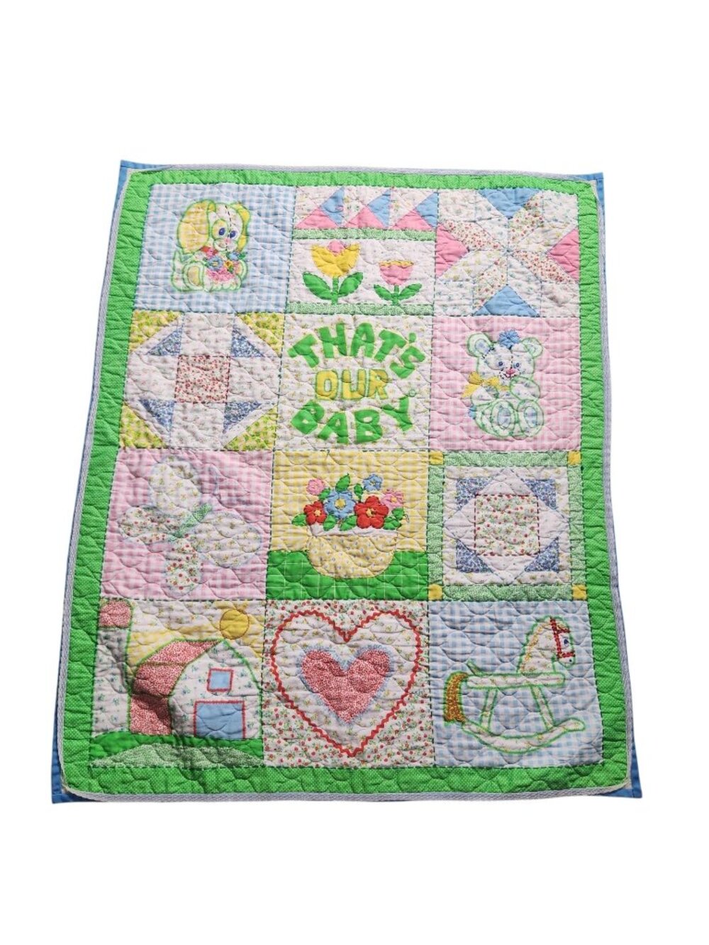 Vintage Nursery Crib Quilted Blanket 35x40" Bunny Easter Teddy Bear Embroidery